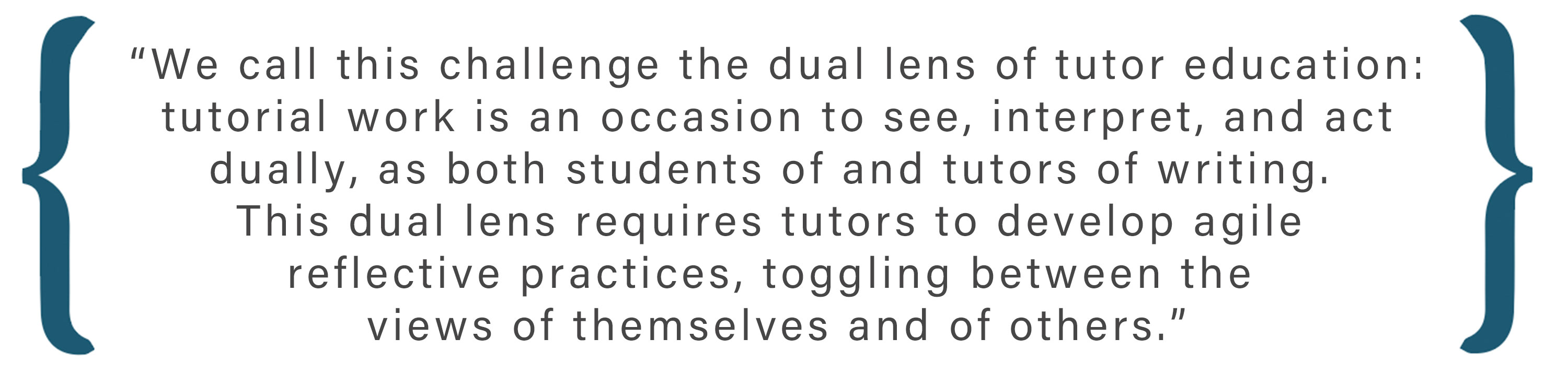 Text box: We call this challenge the dual lens of tutor education: tutorial work is an occasion to see, interpret, and act dually, as both students of and tutors of writing. This dual lens requires tutors to develop agile reflective practices, toggling between the views of themselves and of others.